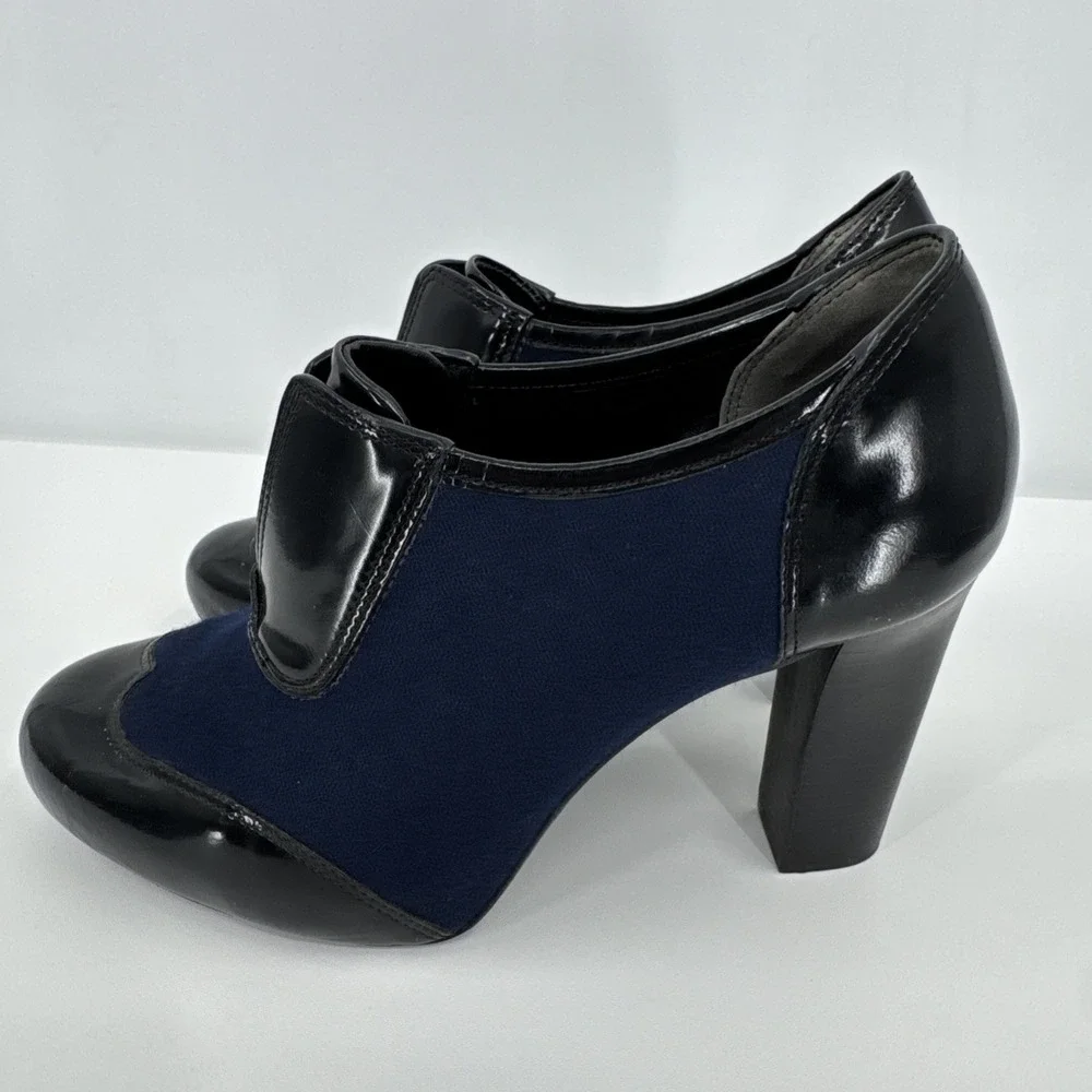 Tory Burch Black‎ Navy Leather Block Heel Ankle Women Bootie Size 6.5 Wingtip